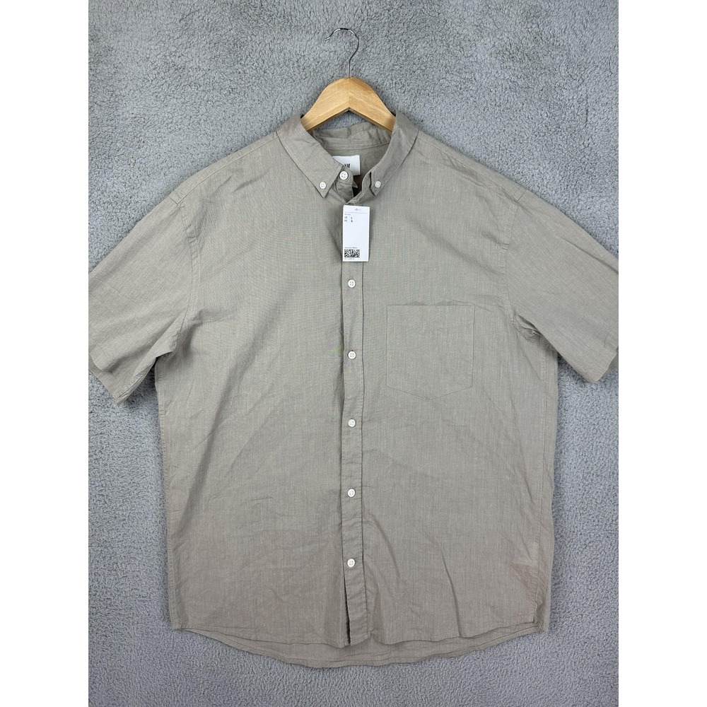 H&M Shirt Mens Large Beige Regular Fit Short Sleeve Button Down Cotton Casual